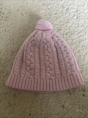 Souris Mini Light Pink Cable Knit Pom Hat with Gem Accents 8-10Y